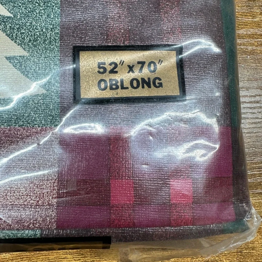 Family Home Holiday Tablecloth 52x70 Oblong Vinyl Christmas Tree Plaid Burgundy